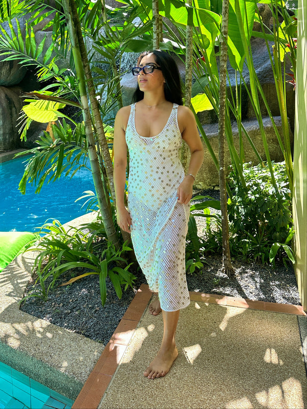 EVE MESH DRESS-  WHITE SEQUIN